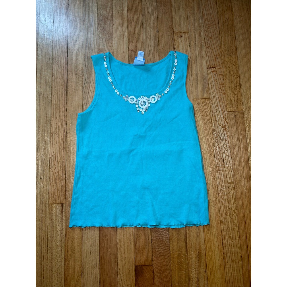 Lori Lane Turquoise Blue Embellished Scoop Neck Lettuce Hem Tank Top Large